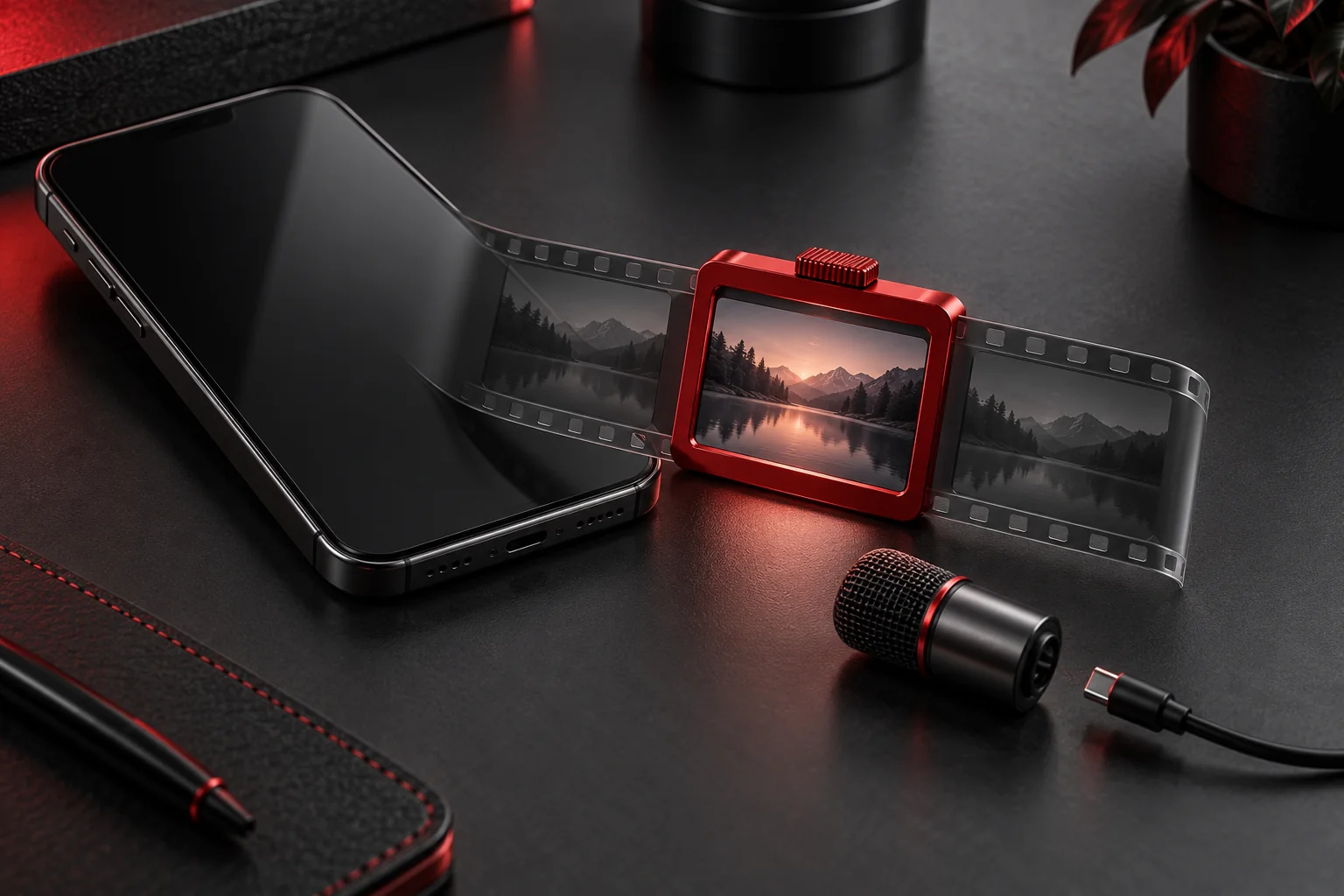 Ilustrasi konsep telefon grafit dengan jalur tiga bingkai video, pintu pemeriksaan merah dan mikrofon terputus sambungan