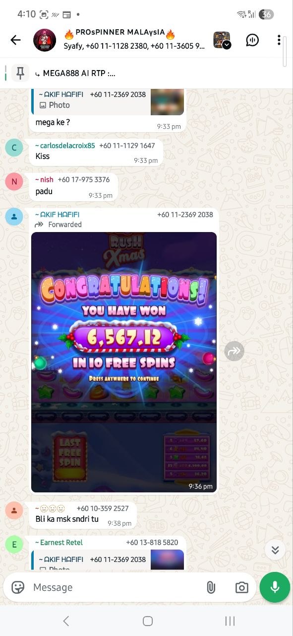 Group WhatsApp Mega888 spin win - Rush Xmas RM 6,567 big win